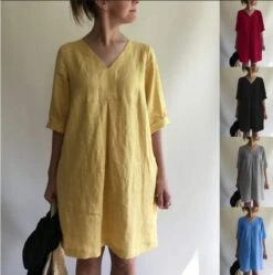 Women's Casual Dress Cotton Linen Dress Shift Dress Mini Dress Cotton Blend Basic Classic Outdoor Daily Vacation V Neck Ruched Rolled Cuff Half Sleeve Summer Spring Linen Loose Fit Black Yellow Wine