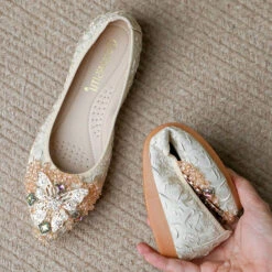 Women's Flats Ladies Shoes Bling Bling Dress Shoes Wedding Daily Solid Color Wedding Flats Bridesmaid Shoes Rhinestone Flower Flat Comfort Satin Loafer Apricot -Slay Clothing Shop 67cf67c0 51af 4305 85bc cdf6ec3fc846