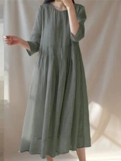 Women's Casual Dress Cotton Linen Dress Swing Dress Midi Dress Cotton Blend Basic Casual Outdoor Daily Vacation Crew Neck Ruched Pocket 3/4 Length Sleeve Summer Spring 2023 Loose Fit Yellow Gray Plain -Slay Clothing Shop 67fc53d0 8dbc 4e35 9c7a f66e16d80711