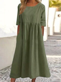 Women's Casual Dress Cotton Dress Swing Dress Midi Dress Cotton Basic Casual Outdoor Daily Crew Neck Pocket Smocked Half Sleeve Summer Spring Fall 2023 Loose Fit Light Blue Black White Pure Color S M -Slay Clothing Shop 68f58415 61aa 4cdb bd1f cc39bbf98752