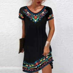 Women's Casual Dress Ethnic Dress Shift Dress Mini Dress Black White Light Green Short Sleeve Floral Print Spring Summer Crew Neck Basic Daily Vacation Loose Fit 2023 S M L XL XXL