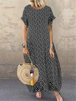 Women's Shift Dress Maxi Long Dress Black White Navy Blue Short Sleeve Polka Dot Print Summer Spring Crew Neck Casual Loose Fit 2023 S M L XL XXL 3XL 4XL 5XL