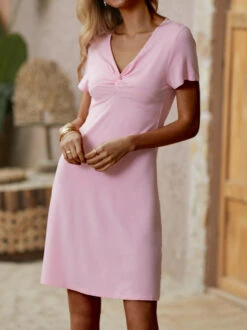 Women's Casual Dress Mini Dress Modal Knot Front Daily Date Elegant Vintage V Neck Short Sleeve Pink Navy Blue Color