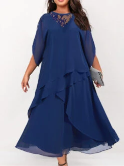 Women's Plus Size Curve Work Dress Chiffon Dress Swing Dress Solid Color Long Dress Maxi Dress Half Sleeve Lace Layered Crew Neck Fashion Outdoor Blue Spring Summer