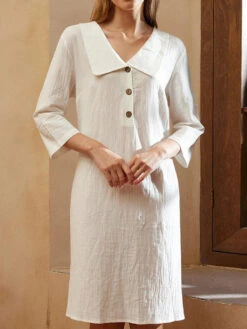 Women's Shift Dress Midi Dress Cotton Linen Button Solid Casual Daily Shirt Collar Half Sleeve Summer Spring White Blue