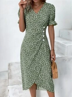 Women's Wrap Dress Floral Ditsy Floral Button Print V Neck Midi Dress Classic Daily Vacation Short Sleeve Summer Spring