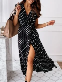 Women's Long Dress Maxi Dress Casual Dress Wrap Dress Summer Dress Polka Dot Fashion Casual Daily Holiday Vacation Drawstring Print Short Sleeve V Neck Dress Loose Fit Black Pink Blue Summer Spring S