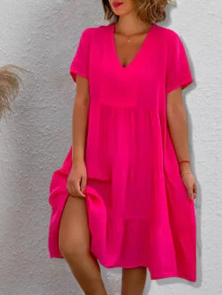 Women's Casual Dress Cotton Linen Dress Swing Dress Midi Dress Linen Cotton Blend Daily Modern Outdoor Daily Holiday V Neck Ruched Ruffle Short Sleeve Summer Spring 2023 Loose Fit Light Blue Rose Red