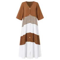 Women's Casual Dress Swing Dress Long Dress Maxi Dress Brown Half Sleeve Color Block Button Summer Spring V Neck Basic 2023 5XL -Slay Clothing Shop 725fdfe5 3758 4ae2 9c6c be289783a0af