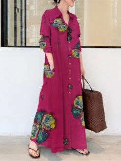 Women's Shirt Dress Casual Dress Cotton Linen Dress Maxi Long Dress Cotton Blend Fashion Casual Outdoor Daily Going Out Shirt Collar Button Pocket Long Sleeve Summer Spring Fall 2023 Loose Fit Yellow