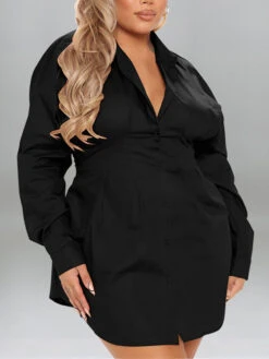 Women's Plus Size Casual Dress Shirt Dress Sheath Dress Solid Color Mini Dress Long Sleeve Button V Neck Basic Outdoor Black Yellow Fall Spring XL XXL 3XL 4XL 5XL
