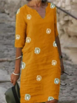 Women's Shift Dress Midi Dress Print Casual Daily Notched Neck 3/4 Length Sleeve Summer Spring Yellow Red Flower -Slay Clothing Shop 73967337 99f0 4d4b a613 fd355af1493a