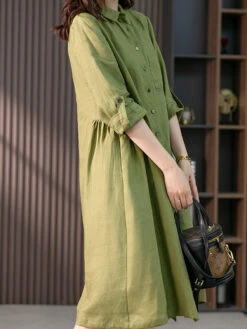Women's Shirt Dress Casual Dress Cotton Linen Dress Midi Dress Cotton Blend Basic Casual Daily Vacation Shirt Collar Button Pocket 3/4 Length Sleeve Summer Spring Fall 2023 Loose Fit Pink Green Pure -Slay Clothing Shop 7431bdc0 61e2 4ef2 981e db52dfd50020