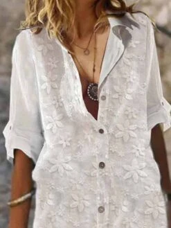 Women's Shirt Dress Casual Dress Cotton Linen Dress Midi Dress Cotton Blend Fashion Elegant Outdoor Daily Shirt Collar Lace Patchwork Half Sleeve Summer Spring Fall 2023 Regular Fit White Plain S M L -Slay Clothing Shop 744697dc 2a83 45b3 8f95 5e70e532a497