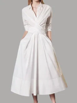 Women's White Dress Shirt Dress Swing Dress Midi Dress Formal Outdoor Office Polyester Classic Formal Shirt Collar Ruched Button Long Sleeve Summer Spring Regular Fit Pure Color