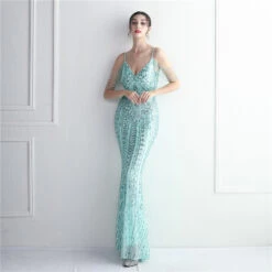 Mermaid / Trumpet Evening Gown Sparkle & Shine Dress Formal Wedding Guest Floor Length Short Sleeve Spaghetti Strap Polyester With Beading Sequin 2024 -Slay Clothing Shop 74e44082 90a6 49cb 85d3 d764b0e6c9fd