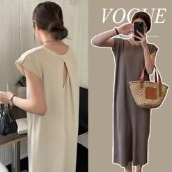 Women's Summer New Style French Style Gentle Wind Design Sense Open Back Loose Slim Ice Silk Knitted Dress Maternity Dress Chic Minimalist Round Neck Loose Casual Sleeveless Dress