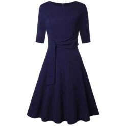 Women's Party Dress Tie Front Belted Crew Neck 3/4 Length Sleeve Midi Dress Elegant Classic Navy Blue Beige Spring -Slay Clothing Shop 7721f0de 77fe 467d a0cd de557220deea