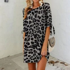 Women's Print Dress Leopard Print Crew Neck Mini Dress Basic Daily Short Sleeve Regular Fit Khaki Grey Summer S M L XL 2XL