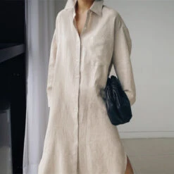 Women's Linen Dress Shirt Dress Casual Dress Maxi Long Dress Winter Dress Daily Holiday Polyester Casual Mature Shirt Collar Button Up Zipper Long Sleeve Summer Spring Loose Fit Pure Color -Slay Clothing Shop 7a676b0e e086 46b1 8277 6e15e04e22af