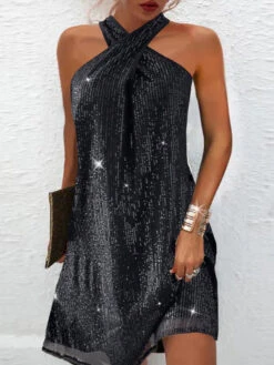 Women‘s Little Black Party Dress Plain Sequin Halter Neck Sleeveless Dress Mini Dress Black Fuchsia Summer Spring Fall Wedding Guest Evening Party Summer Dress S M L XL 2XL 3XL