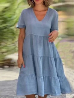 Women's Casual Dress Cotton Linen Dress Midi Dress Cotton Blend Basic Modern Outdoor Daily Vacation V Neck Ruched Short Sleeve Summer Spring 2023 Regular Fit Blue Plain S M L XL 2XL