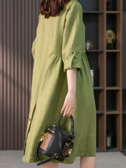 Women's Shirt Dress Casual Dress Cotton Linen Dress Midi Dress Cotton Blend Basic Casual Daily Vacation Shirt Collar Button Pocket 3/4 Length Sleeve Summer Spring Fall 2023 Loose Fit Pink Green Pure -Slay Clothing Shop 7c5e49c3 c6cc 405e b0d7 abbd9c94949b
