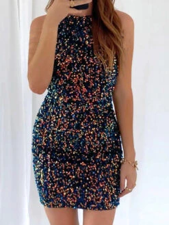Women's Black Sequin Dress Party Dress Sparkly Dress Homecoming Dress Mini Dress Black White Sleeveless Multicolor Summer Crew Neck Spring Dress