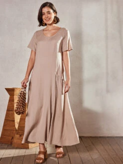 Women's Cotton Linen Maxi Dress Swing Crew Neck Short Sleeve Pockets Summer Spring Loose Fit Plain Pink Sky Blue Khaki -Slay Clothing Shop 7d07d28c 10cf 4069 a717 80c5ba388265