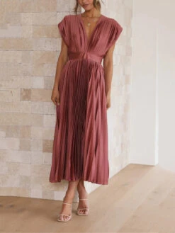 Women's Prom Dress Party Dress Wedding Guest Dress Long Dress Maxi Dress Black Pink Wine Short Sleeve Pure Color Pleated Summer Spring Fall V Neck Fashion Evening Party Wedding Guest Vacation Loose -Slay Clothing Shop 7d6979ef fdf1 47a7 b245 62f57afc4845