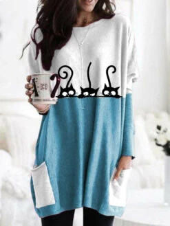 Women's T Shirt Tee T Shirt Dress Tunic Shirts Tunic Animal Cat Pink Blue Khaki Print Pocket Long Sleeve Casual Daily Basic Round Neck Regular Fit Fall & Winter -Slay Clothing Shop 7d9ca1ce 2770 4484 a9dc 6ddf3da38d2a