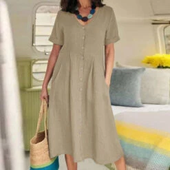Women's Casual Dress Cotton Linen Dress A Line Dress Maxi Long Dress Cotton Blend Basic Elegant Outdoor Daily Vacation V Neck Button Pocket Short Sleeve Summer Spring Fall 2023 Regular Fit Black -Slay Clothing Shop 7e4df0e5 f779 49ba 8714 aa765a6203bf