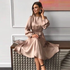 Women‘s Satin Dress Swing Dress Midi Dress Green Khaki Red Long Sleeve Pure Color Lace Up Summer Spring Fall Crew Neck Party Elegant Party Lantern Sleeve 2023 S M L XL XXL / Summer Dress