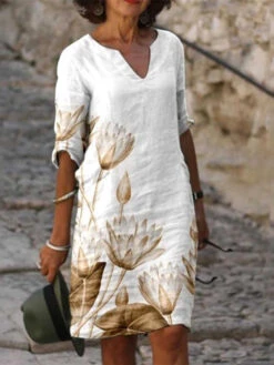 Women's Casual Dress Shift Dress Summer Dress Floral Butterfly Print Split Neck Midi Dress Fashion Modern Outdoor Daily Half Sleeve Regular Fit White Pink Red Summer Spring S M L XL XXL