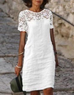 Women's Casual Dress Cotton Linen Dress Lace Dress Midi Dress Linen Cotton Blend Fashion Basic Outdoor Daily Vacation Crew Neck Contrast Lace Lace Short Sleeve Summer Spring 2023 Regular Fit White