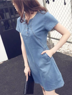 Women's Denim Dress Casual Dress Midi Dress Denim Fashion Casual Outdoor Daily V Neck Button Pocket Short Sleeve Summer Spring -Slay Clothing Shop 808f6b3a f4cc 4814 90ae 6315b71ac243