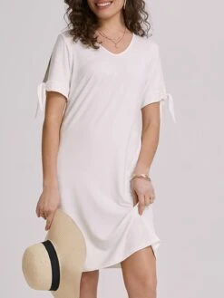 Women's White Dress Knee-Length Causal V-Neck Cold Shoulder With Bow Ties Summer Spring 2024