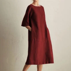 Women's Casual Dress Cotton Linen Dress Shift Dress Maxi Long Dress Pocket Contrast Stitching Daily Crew Neck Half Sleeve Summer Spring Black Wine Pure Color -Slay Clothing Shop 80bbfe4e 273e 4aa6 b59c 38b682f501c1