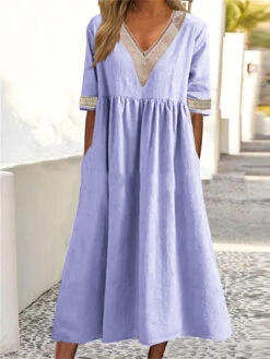 Women's Casual Dress Cotton Linen Dress Swing Dress Midi Dress Cotton Blend Fashion Basic Outdoor Daily Vacation V Neck Lace Ruched Half Sleeve Summer Spring Fall 2023 Loose Fit White Pink Blue Plain -Slay Clothing Shop 80d7b4ed a758 48c4 8bff c4a7c1a73609