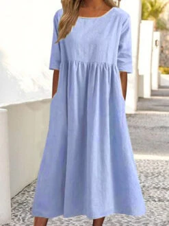Women's Casual Dress Cotton Dress Swing Dress Midi Dress Cotton Basic Casual Outdoor Daily Crew Neck Pocket Smocked Half Sleeve Summer Spring Fall 2023 Loose Fit Light Blue Black White Pure Color S M -Slay Clothing Shop 82dcc984 6214 47ab 8890 e033561ade2f