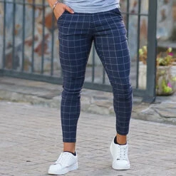 Men's Skinny Trousers Chinos Chino Pants Plaid Dress Pants Pocket Lattice Comfort Breathable Outdoor Daily Going Out Fashion Streetwear Black Navy Blue