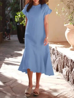 Women's Casual Dress Cotton Linen Dress Sheath Dress Midi Dress Cotton Blend Fashion Modern Outdoor Daily Vacation Crew Neck Ruffle Short Sleeve Summer Spring 2023 Loose Fit Black Pink Blue Plain S M -Slay Clothing Shop 83fcbd69 ca37 4105 9272 9a3de727640b