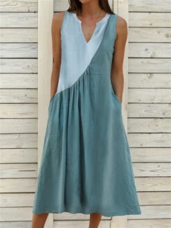 Women's White Dress Cotton Linen Dress Midi Dress Linen Ruched Pocket Basic Casual Daily Vacation V Neck Sleeveless Summer Spring Black White Plain -Slay Clothing Shop 846cca2c 68d7 47f2 84e6 87eefc4a0d48