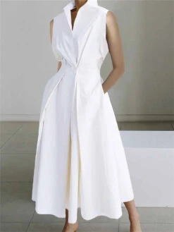 Women's Shirt Dress Cotton Linen Dress Wrap Dress Maxi Long Dress Cotton Blend Fashion Elegant Outdoor Office Business Shirt Collar Button Pocket Sleeveless Summer Spring 2023 Loose Fit White Plain S