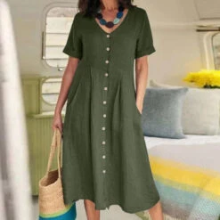 Women's Casual Dress Cotton Linen Dress A Line Dress Maxi Long Dress Cotton Blend Basic Elegant Outdoor Daily Vacation V Neck Button Pocket Short Sleeve Summer Spring Fall 2023 Regular Fit Black -Slay Clothing Shop 84d038c1 2b95 44e0 964f 12170435abe0