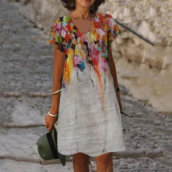 Women's Shift Dress Midi Dress Yellow Blue Gray Short Sleeve Print Print Spring Summer V Neck Casual 2023 S M L XL XXL 3XL