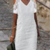 Women's White Dress Lace Dress White Cotton Dress Midi Dress Linen Lace Patchwork Basic Casual Daily V Neck Short Sleeve Summer Spring Black White Pure Color