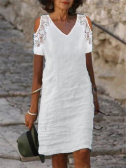 Women's White Dress Lace Dress White Cotton Dress Midi Dress Linen Lace Patchwork Basic Casual Daily V Neck Short Sleeve Summer Spring Black White Pure Color