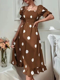 Women's Summer Dress Polka Dot Dress Polka Dot Print Ruched Square Neck Midi Dress Fashion Modern Daily Holiday Short Sleeve Slim Black Blue Brown Summer Spring S M L XL -Slay Clothing Shop 84f6a28b b946 46fc 9485 c3b22354aa11