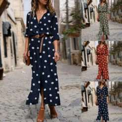 Women's Shirt Dress Maxi Long Dress Winter Dress Daily Date Polyester Elegant Fashion Shirt Collar Print Long Sleeve Summer Spring Regular Fit Polka Dot Round Dots -Slay Clothing Shop 8505e397 e1c7 4c04 a299 ce43c03c3346